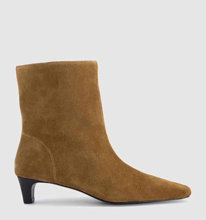 OFFICE Apricot Low Heel Chisel Toe Boots Tan Suede