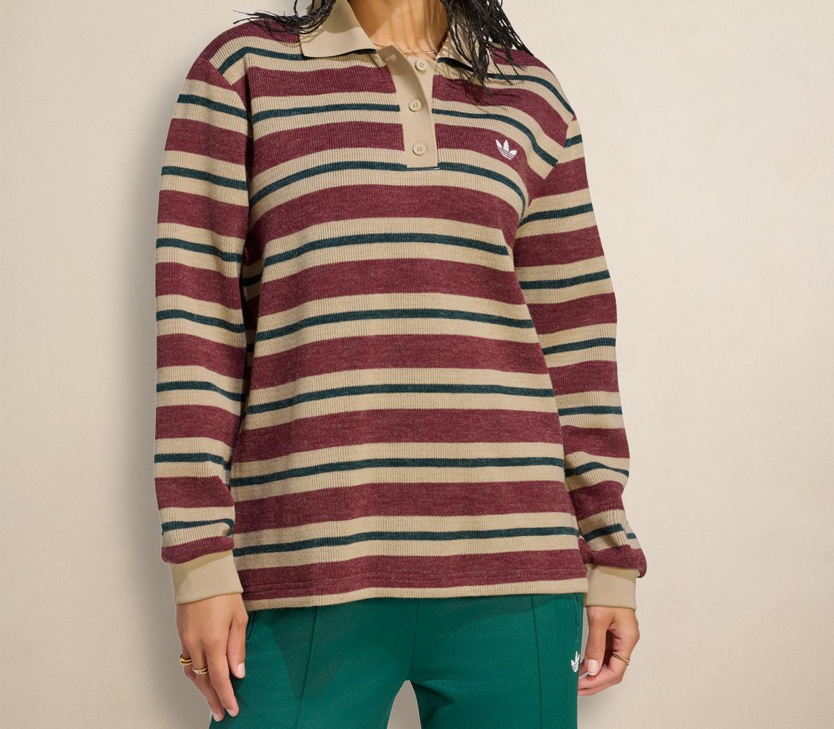 adidasAdidas Stripe Knitted PoloShadow Red Khaki Aurora Ivy