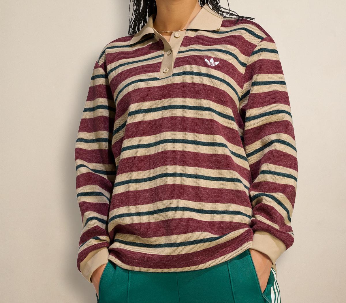 adidasAdidas Stripe Knitted PoloShadow Red Khaki Aurora Ivy