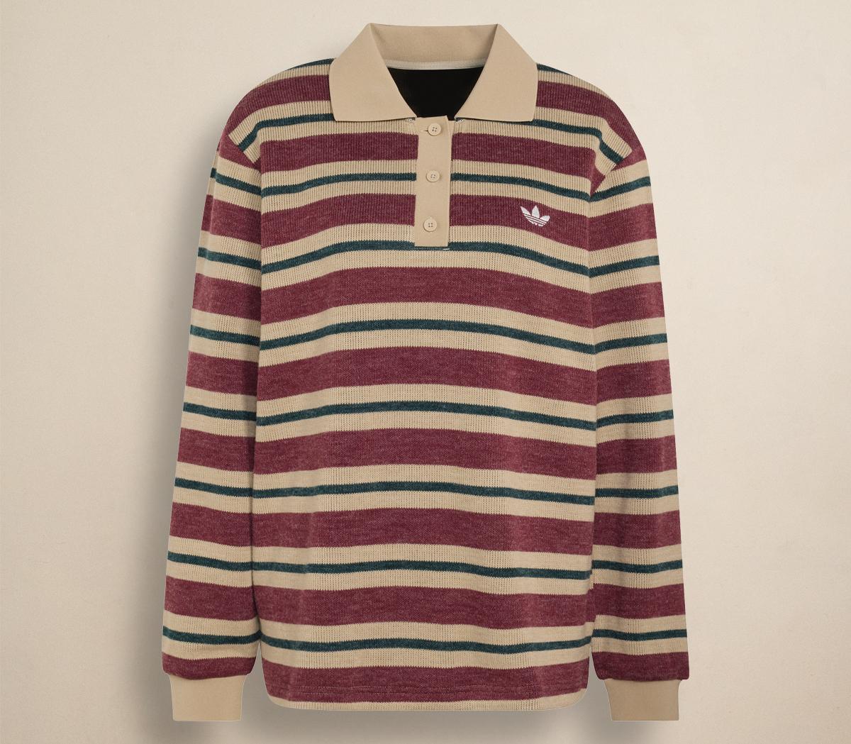 adidasAdidas Stripe Knitted PoloShadow Red Khaki Aurora Ivy