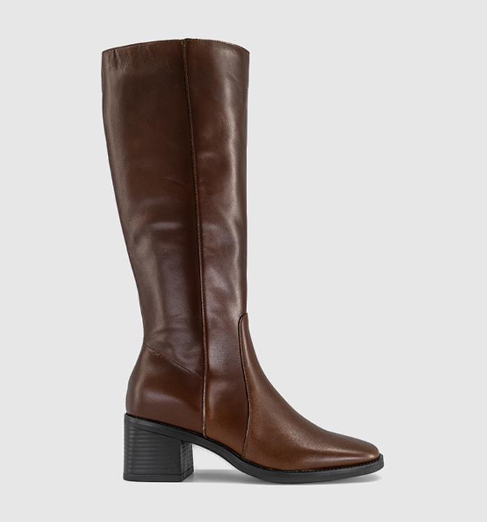 OFFICE Knight Block Heel Knee Boots Brown Leather