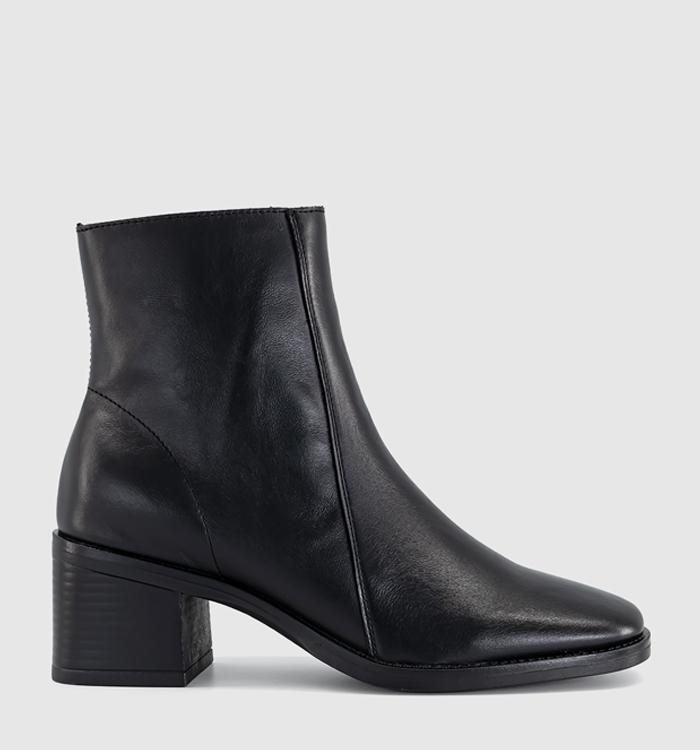 OFFICE Ariella Square Toe Block Heel Boots Black Leather