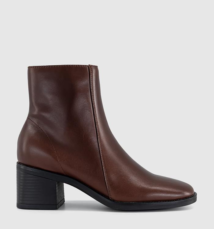 OFFICE Ariella Square Toe Block Heel Boots Brown Leather
