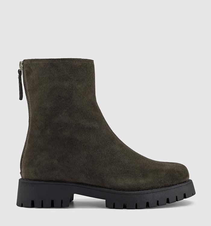 OFFICE Alana Chunky Back Zip Boots Olive Suede