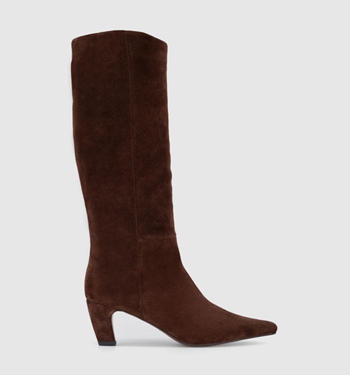OFFICE Kew - Curved Heel Knee Boot Brown Suede