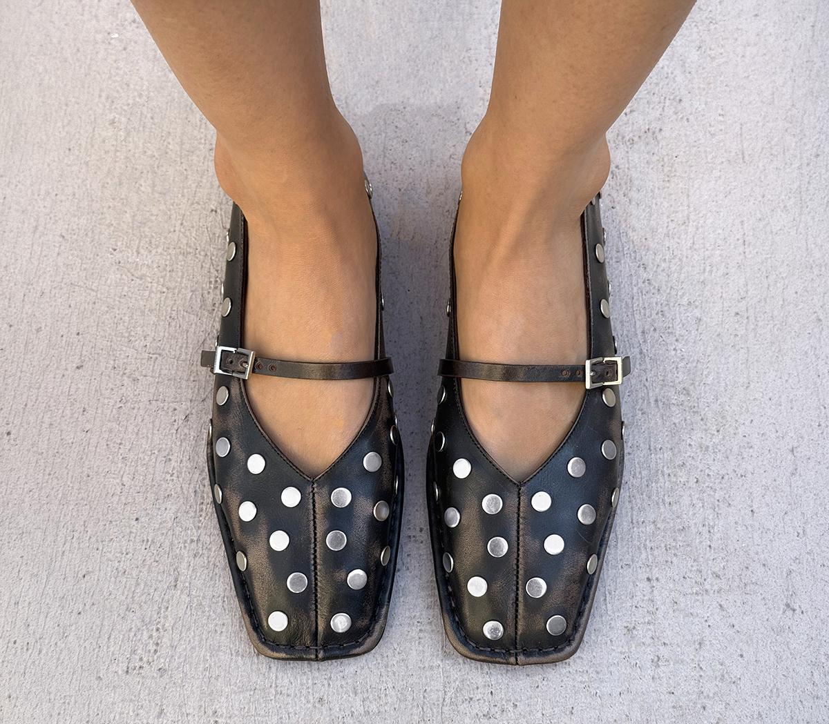 ALOHASSway All Studs Buckle Ballet PumpsVintage Effect Brown Leather