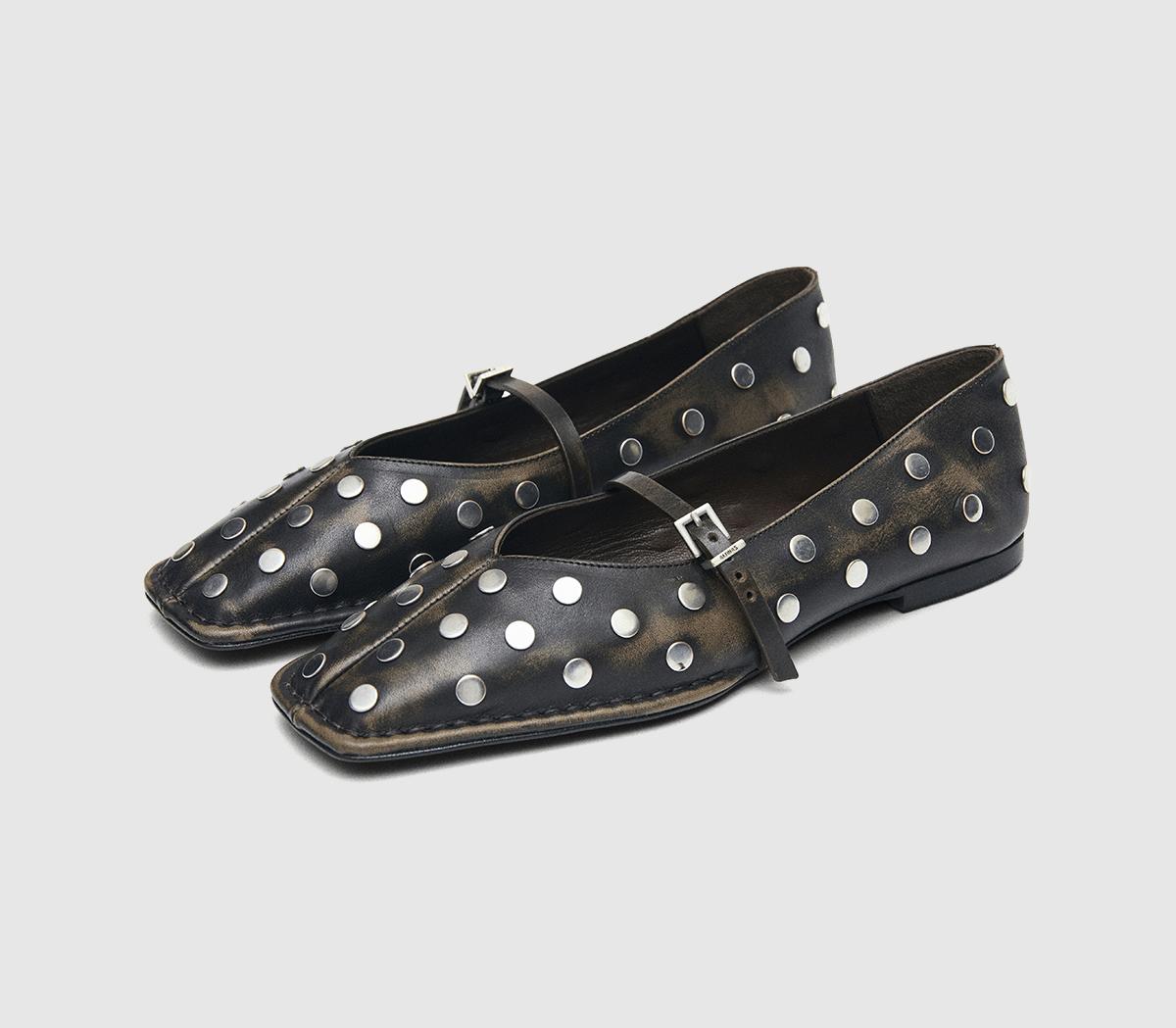 ALOHASSway All Studs Buckle Ballet PumpsVintage Effect Brown Leather