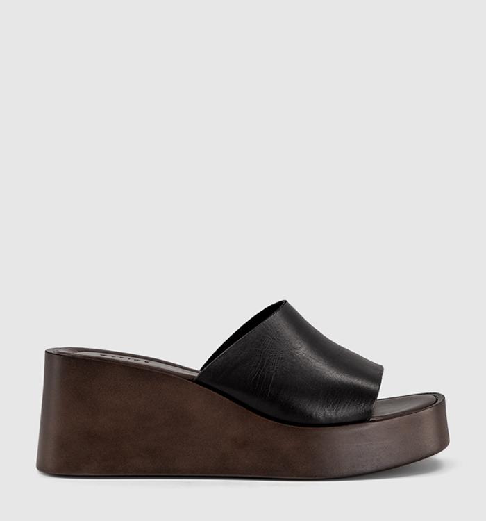 OFFICE Malibu Platform Wedge Mules Black Leather