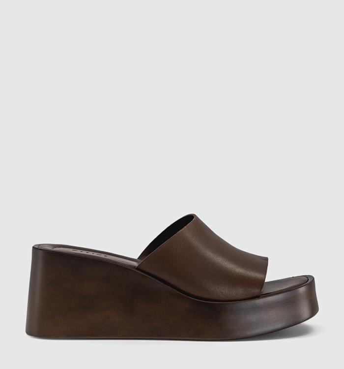 OFFICE Malibu Platform Wedge Mules Brown Leather