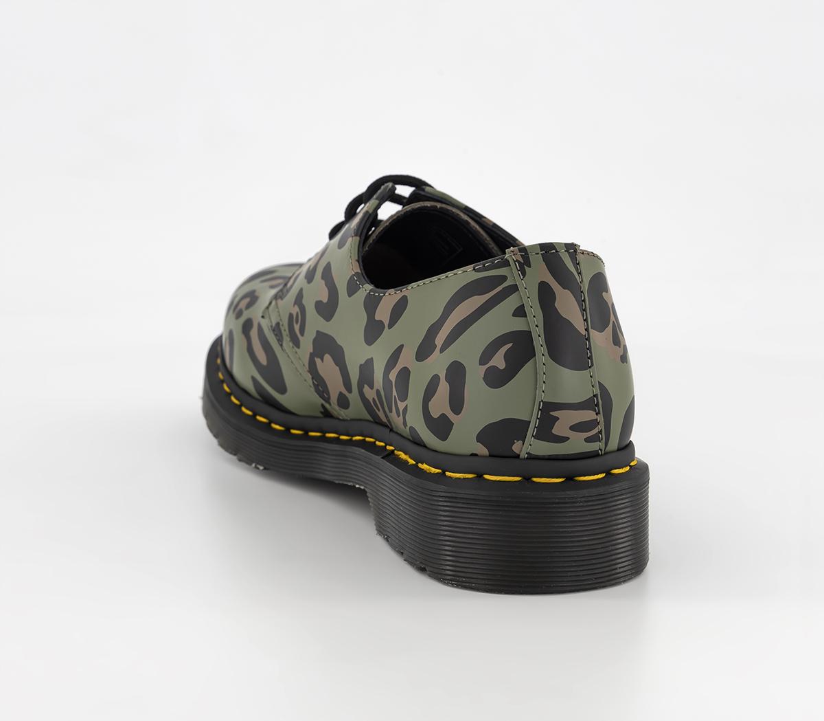 Dr. Martens Olive Green Leopard Print 3-Eye Lace-Up Shoes Dr. Martens Dm 3 Eye Lace Shoes Distorted Leopard Khaki  main image 3
