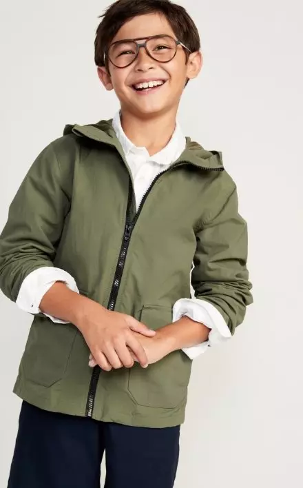 A water resistant hooded zip utility jacket for kids.
