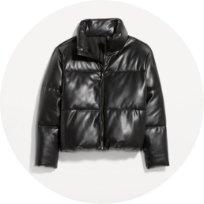 A shiny black pleather puffer jacket.