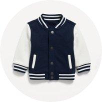 Image features unisex button-front varsity jacket for baby