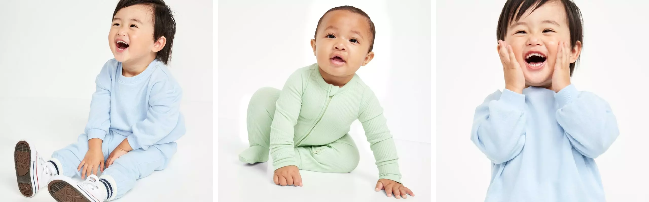 Newborns wearing Newborn Essential wear from Old Navy's collection in different colors and styles.