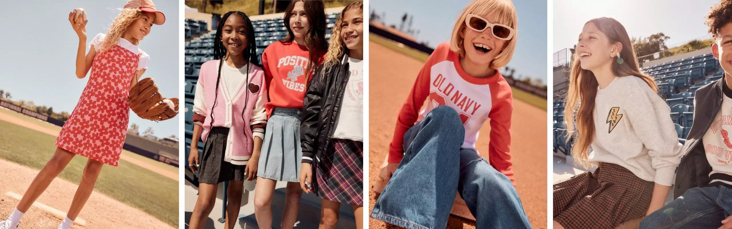 Multiple images of child models wearing back to school attire.