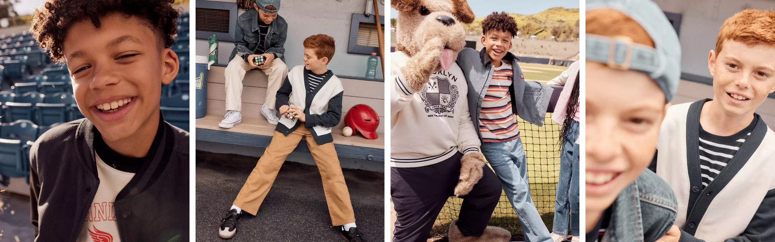 Multiple images of child models wearing back to school attire.