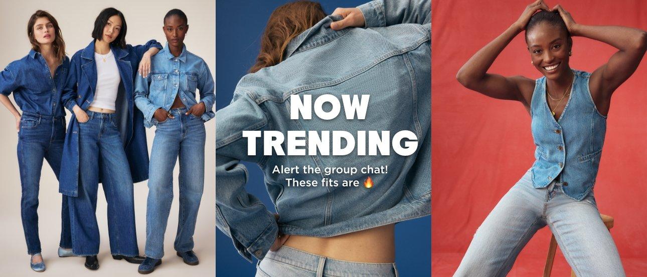 Image displays female models wearing jean shirts, jackets and jeans from Old Navy's collection. Now trending. Alert the group chat! These fits are.