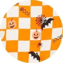 An orange and white checkered pattern featuring pumpkins and bats