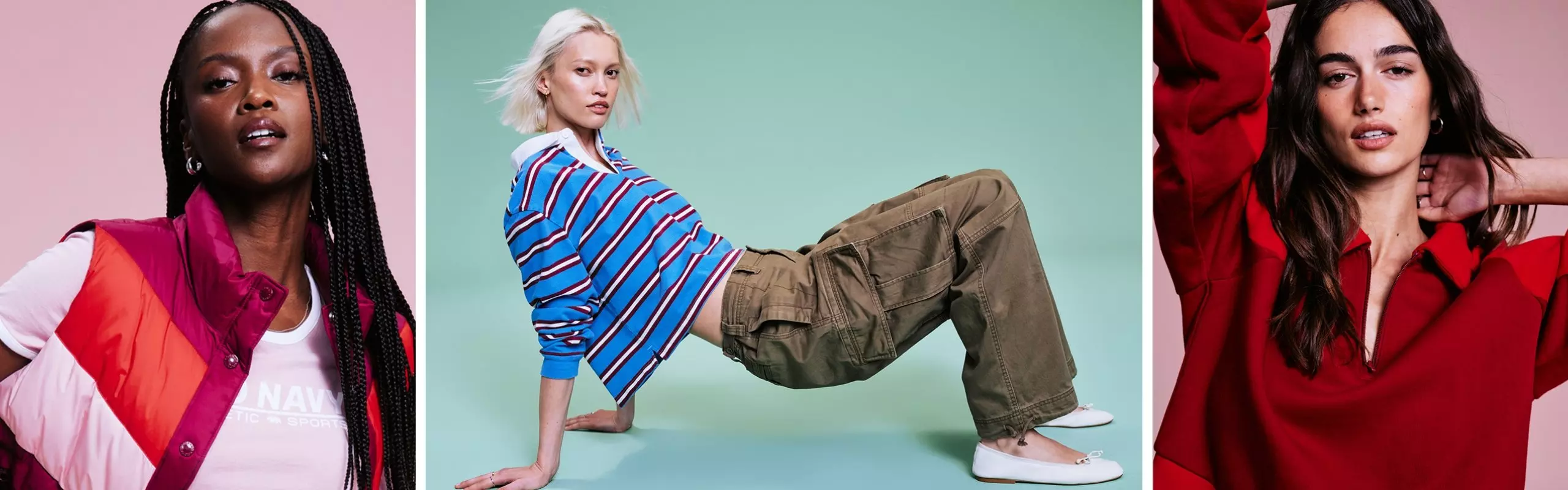 Images of female models wearing Old Navy '94 Reissue collection.