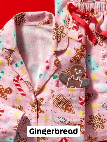 Image features a pink gingerbread print pajama set.