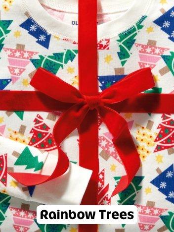 Image features a rainbow holiday tree pajama set.