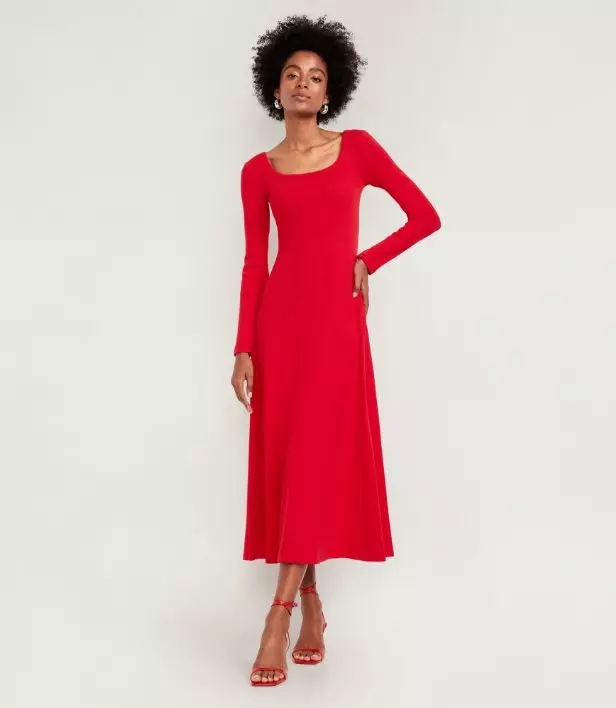 Image of a model wearing red fit and flare ribbed maxi dress.