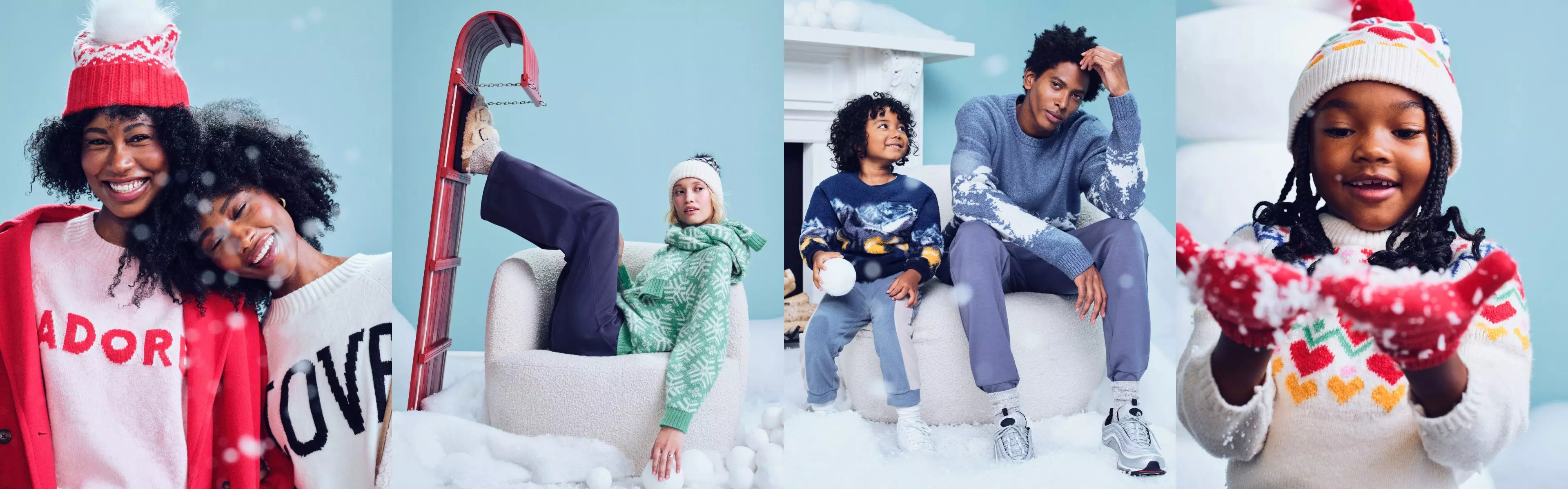 Image of models wearing Old Navy cozy holiday sweaters.