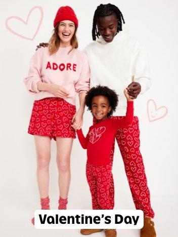 Image of a family wearing Valentine's print pajamas.