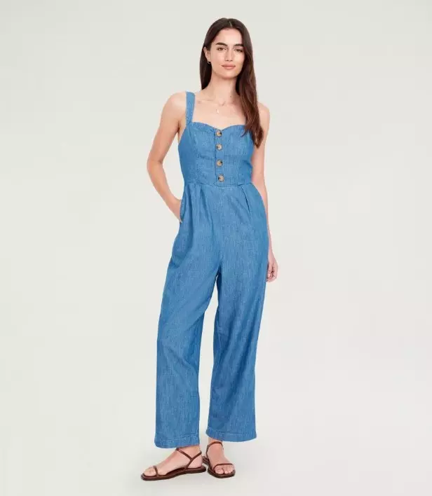 Image of a model wearing button-front cami jumpsuit.