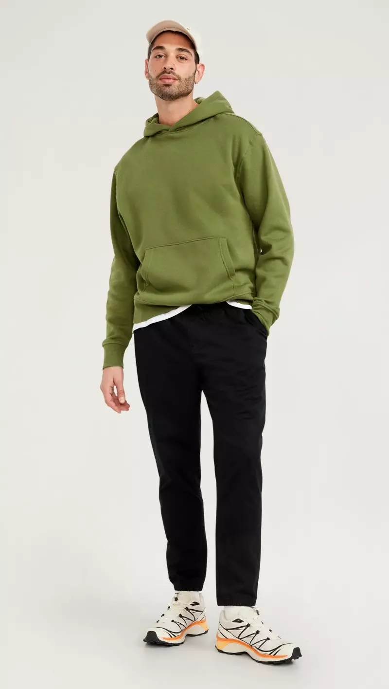 A dark color jogger pant with drawstring adjustment.