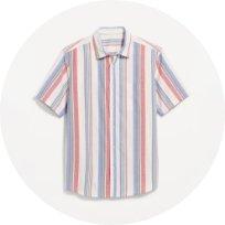 Image of a striped short sleeve button down shirt for men.