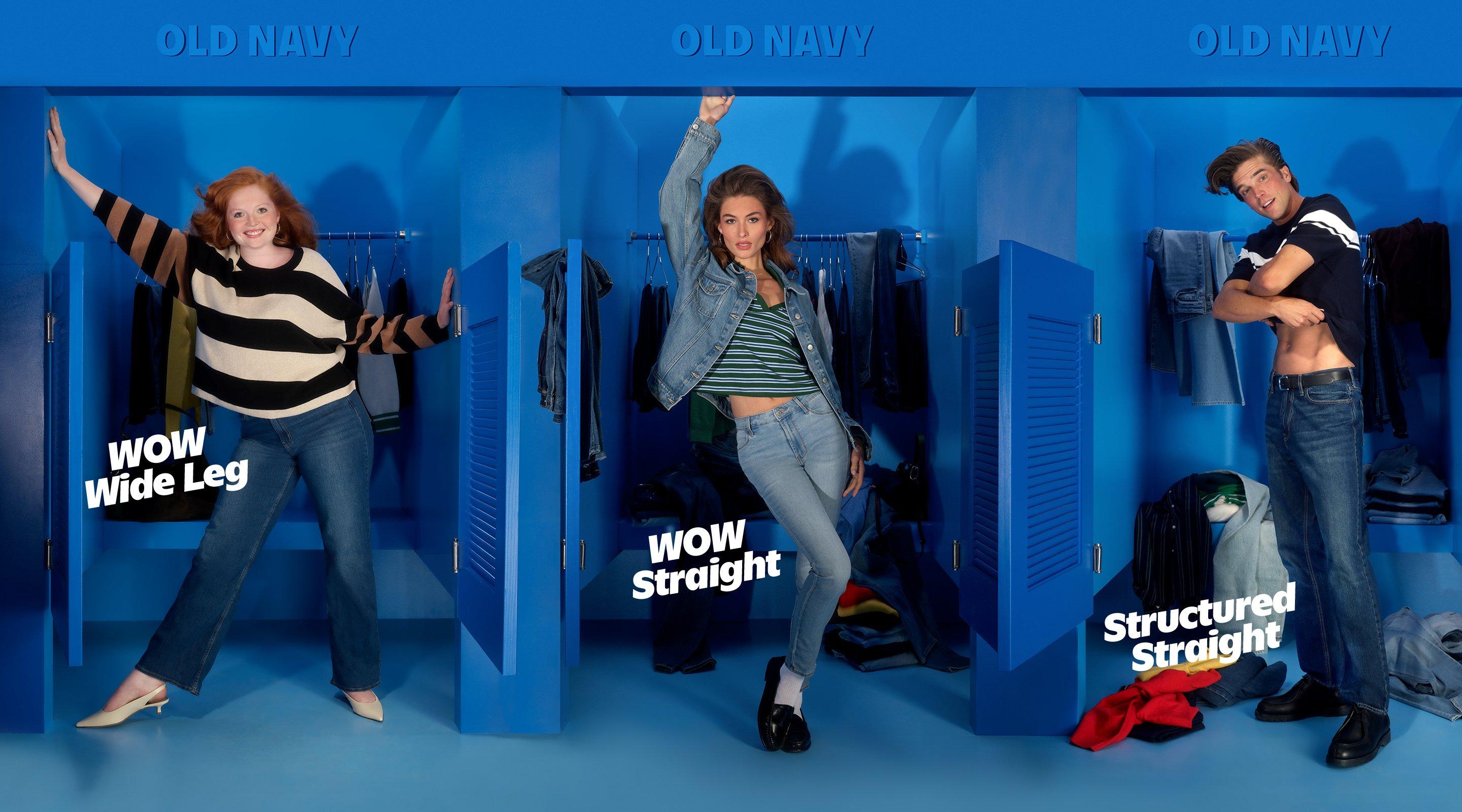 Image of two female models and a male model wearing Old Navy denim in wow wide, wow straight, and wow structured straight fits.