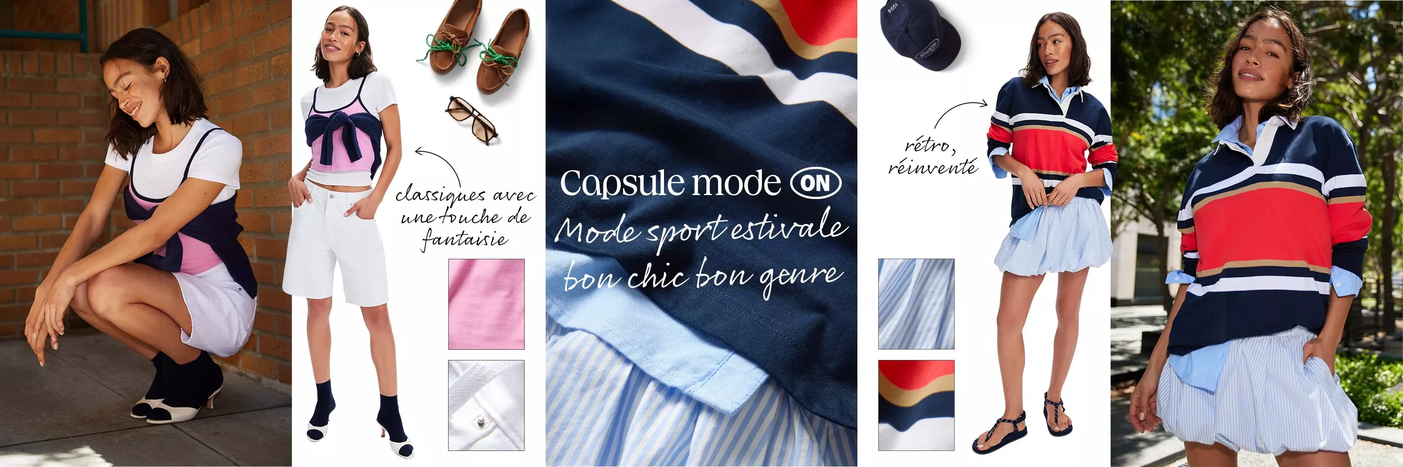 Deux images, une femme qui porte une camisole rose avec une jupe blanche et une autre femme qui porte un chemisier à rayures et une jupe blanche.