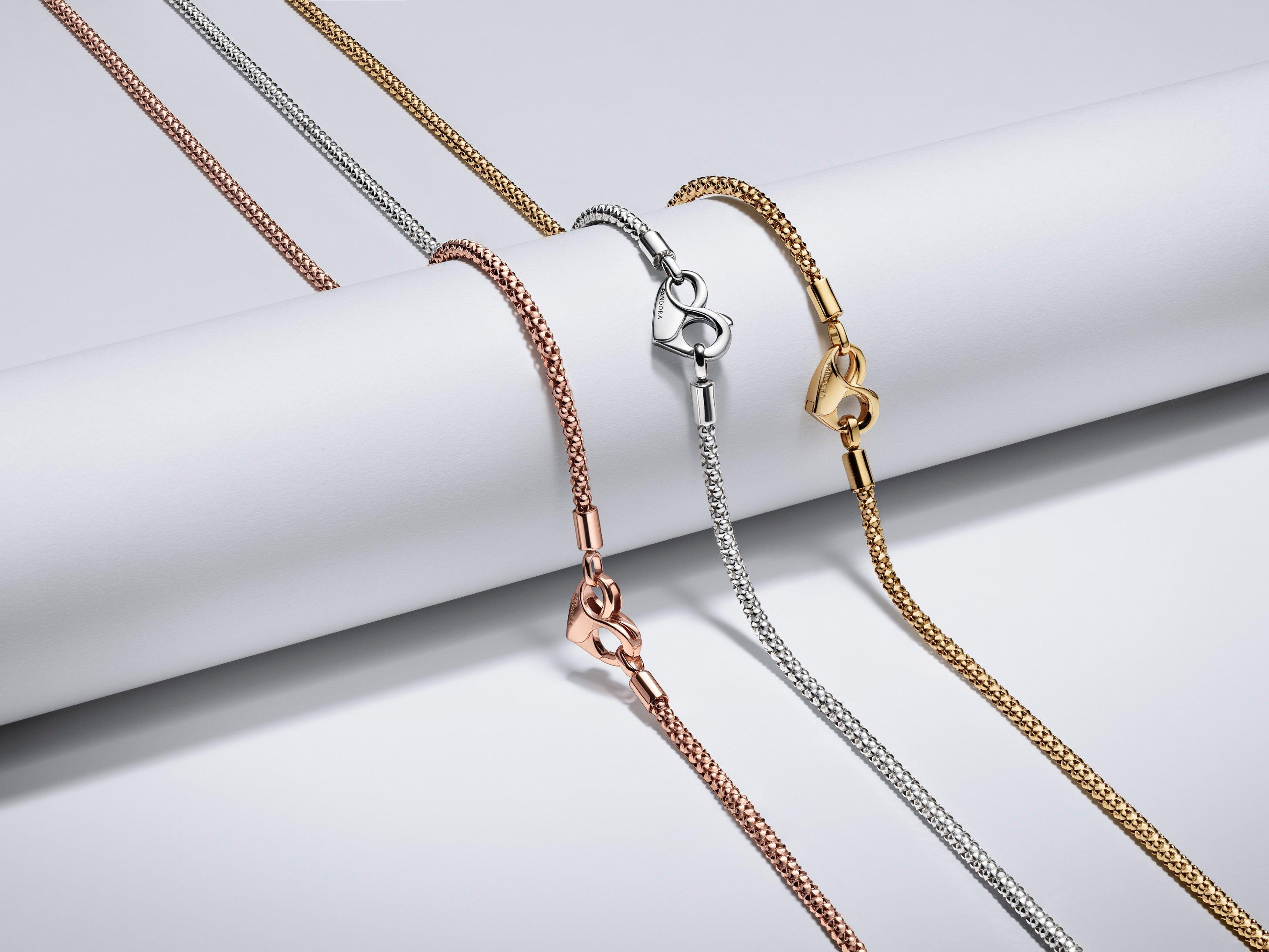 Image of 3 pandora moments studded chains which are silver, gold and rose gold