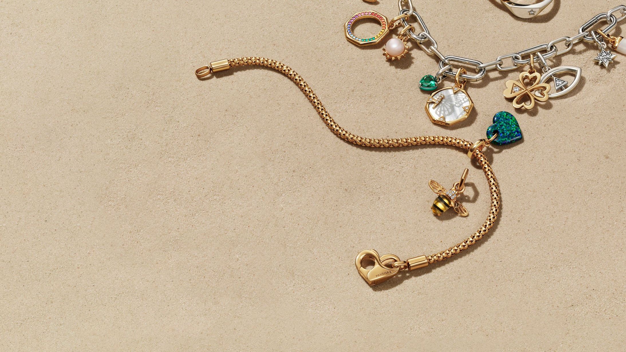 Pandora summer green silver gold bracelets and rings collection.