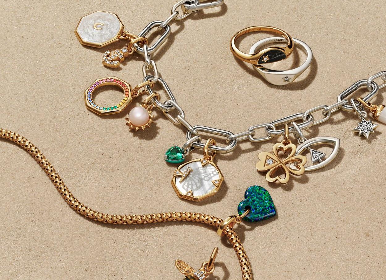 Pandora summer green silver gold bracelets and rings collection.