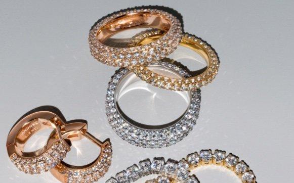 Image of lab grown diamond rings and necklaces in gold, rose gold and silver