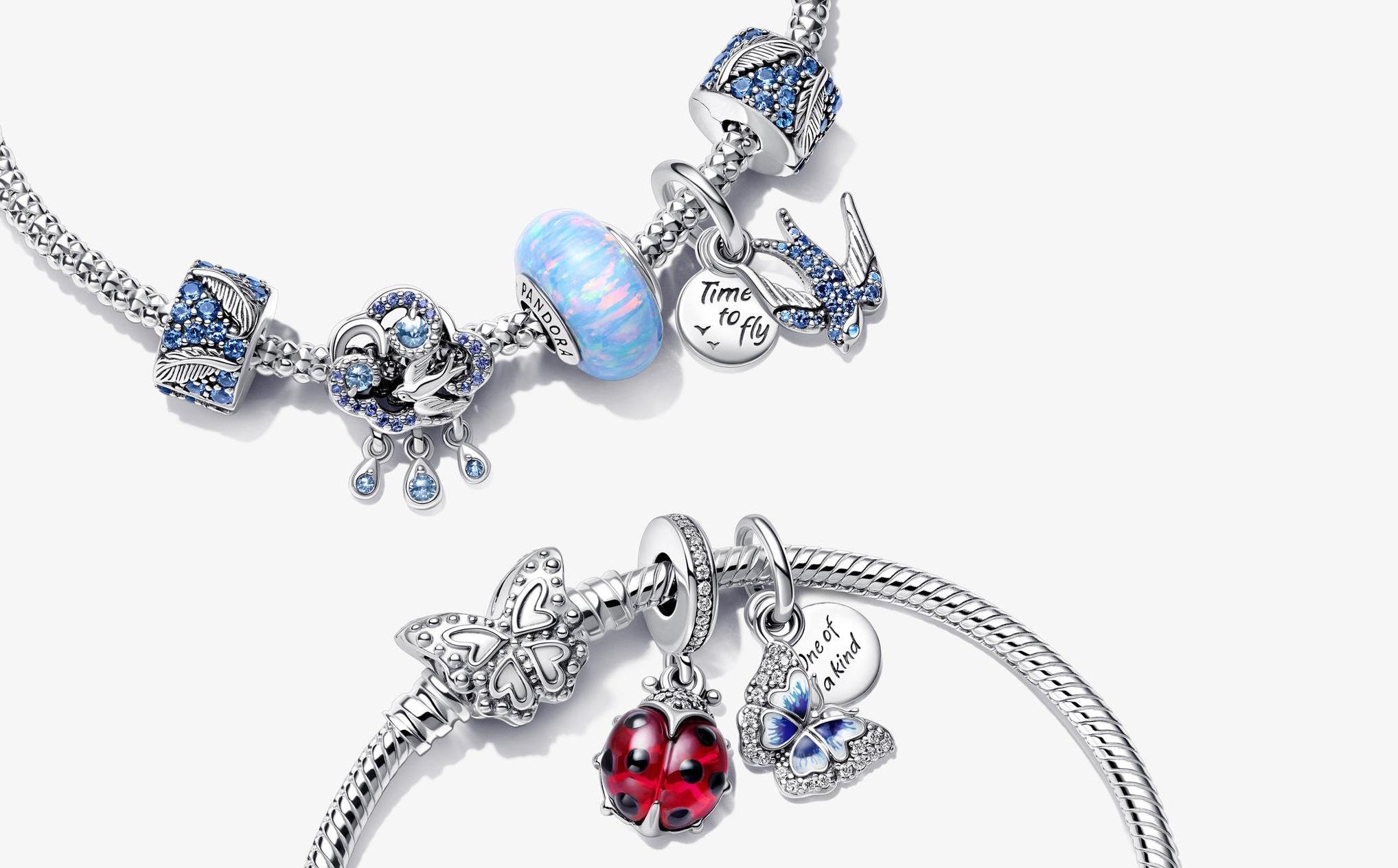 Pandora Moments Charm Bracelets with spring-theme charms in sterling silver