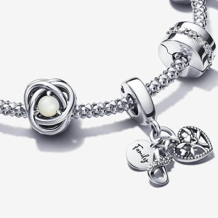 A silver bracelet and nine charms from the Just Because occasion collection