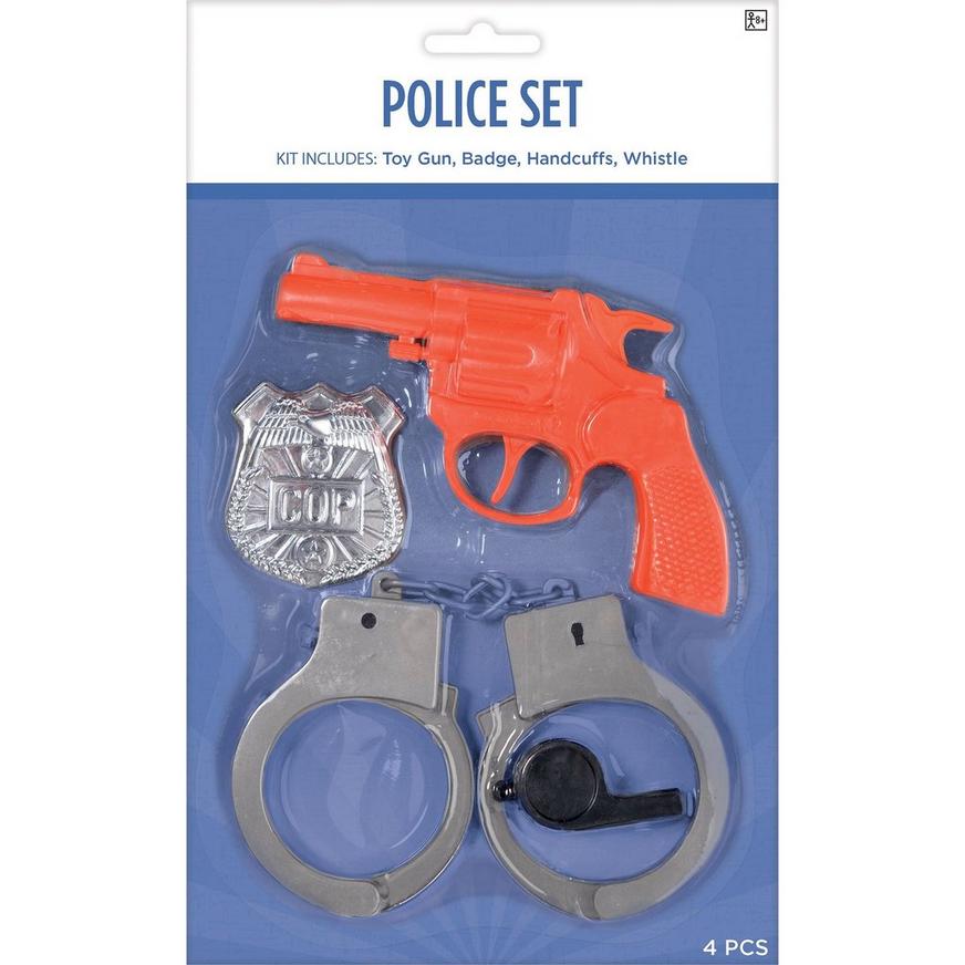 Kids POLICE FORCE SET HANDCUFFS Orange Hand Gun Whistle Badge Cop Costume Toy 
