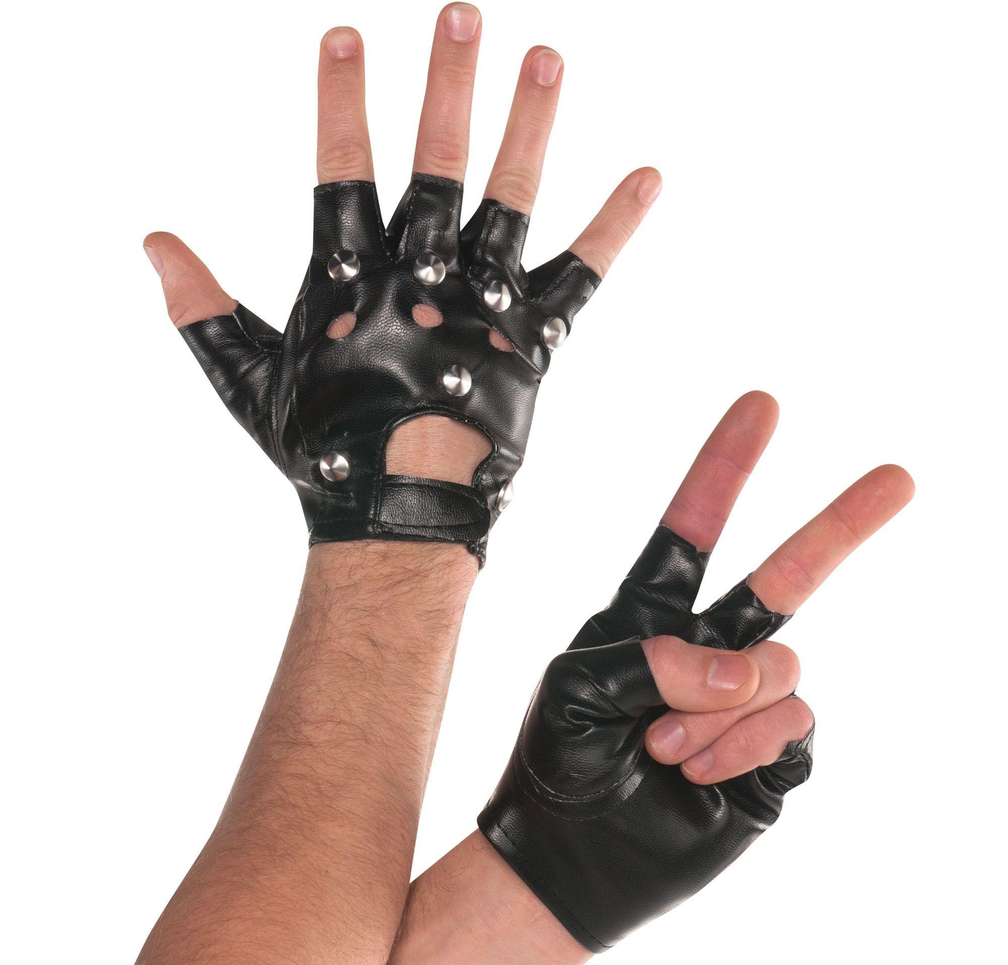 Fingerless Super Star Leather Gloves Black & Silver