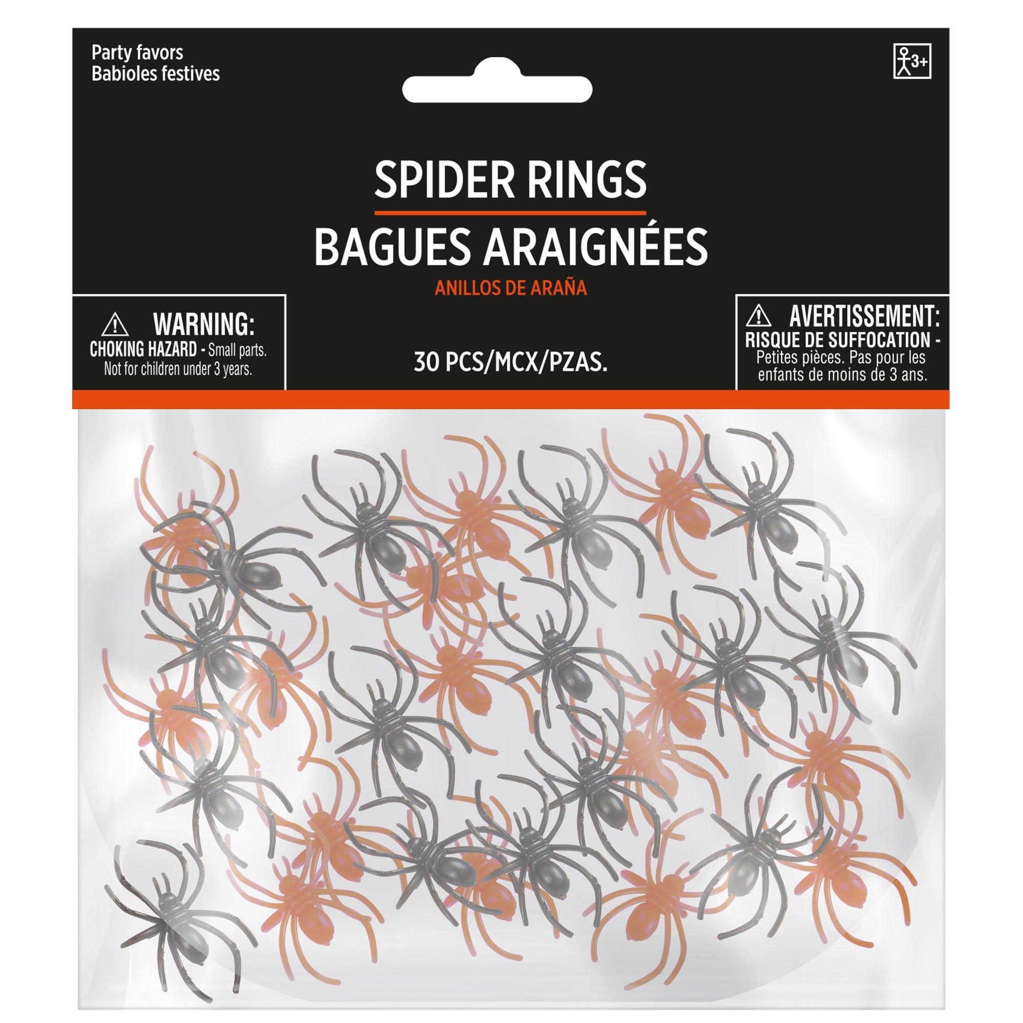 Adjustable Black & Orange Plastic Spider Rings, 30ct