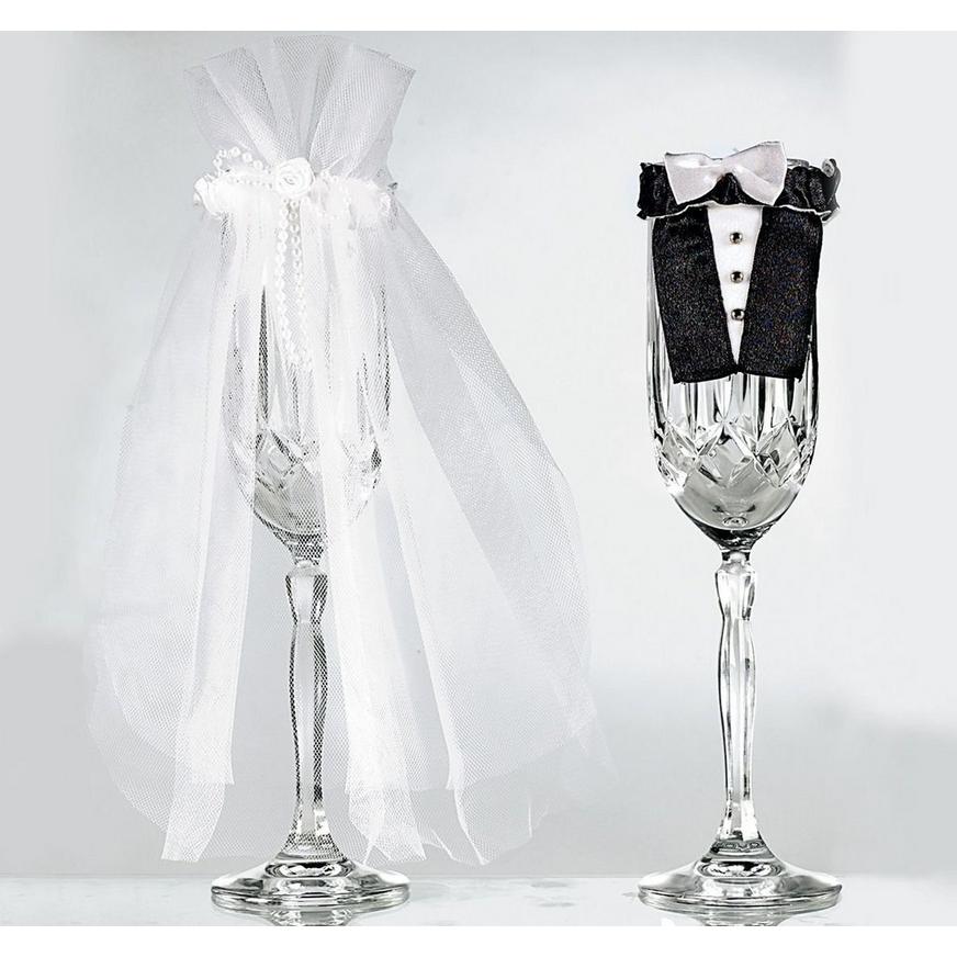Bride & Groom Wedding Champagne Flute Covers 2pc