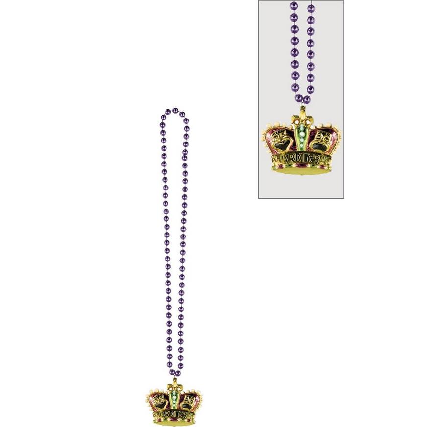 Gold Crown Mardi Gras Pendant Bead Necklace