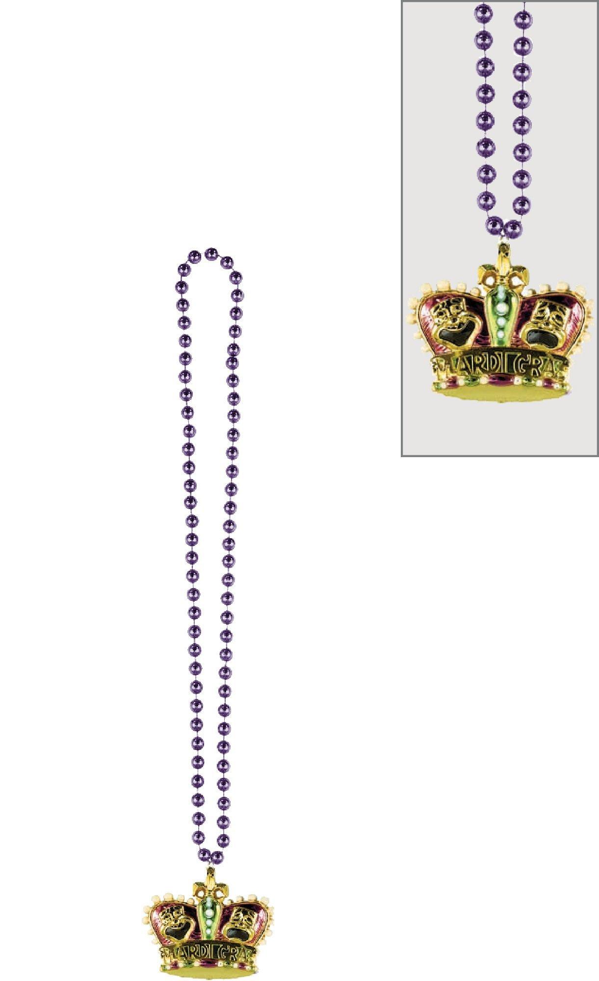 Gold Crown Mardi Gras Pendant Bead Necklace