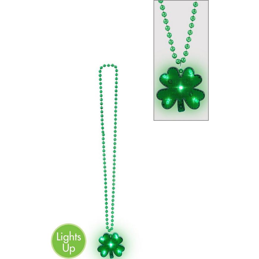 St Patricks Day LED 3 Modes Light Up Necklace  Shamrock 20” Beads Costume Clover 
