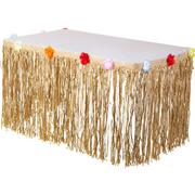 Tan Faux Grass Tissue Paper Fringe Table Skirt with Multicolor Fabric Flowers, 10ft x 29in