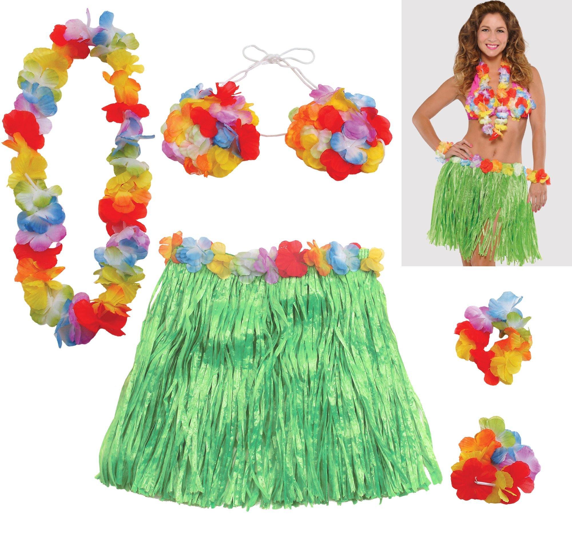 Hawaiian Grass Skirt Flower Leis Coconut Bra Adult Child Fancy