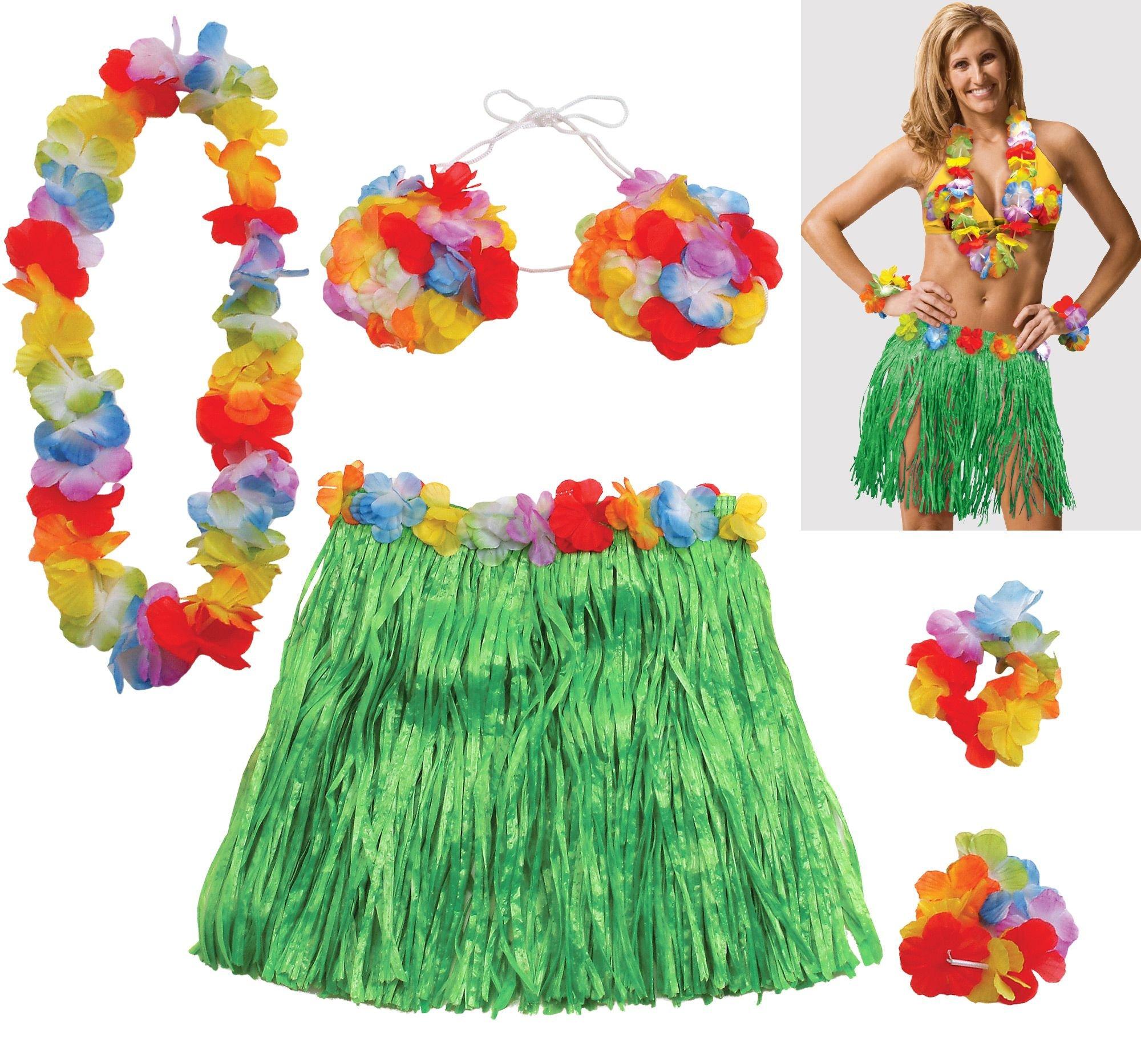 8 Sets Hula Skirt Costume Accessory Kit with 40 cm Hawaiian Grass  Skirts,Girls Coconut Bra,Wreath Necklace and Headbands,Flower Bracelets for  Girl