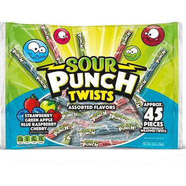Sour Punch Twists, 45ct - Blue Raspberry, Cherry, Green Apple & Strawberry